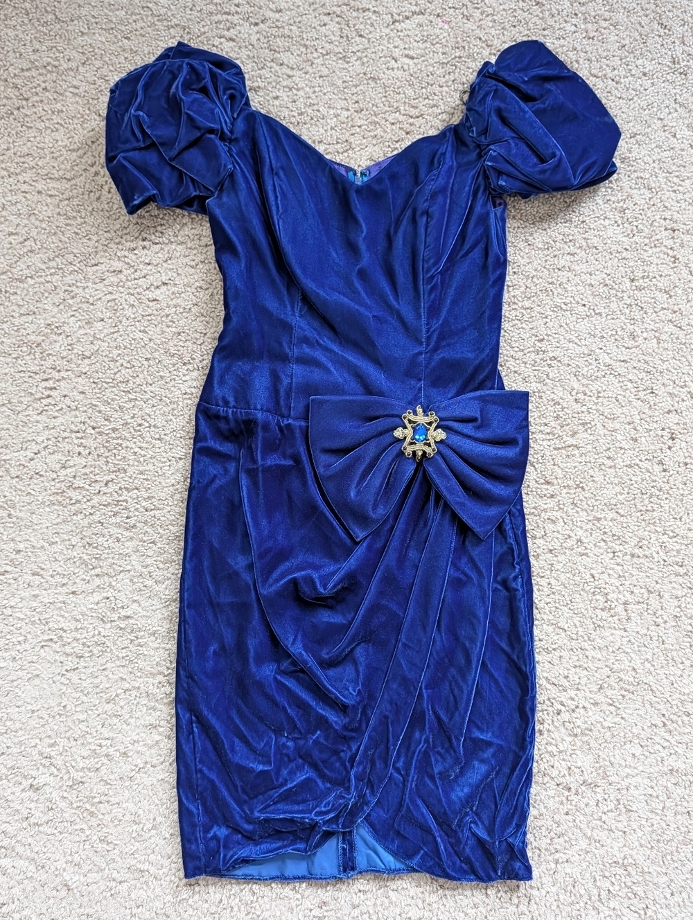Alex Evenings Womens Blue Vintage Velvet Puff Sleeve Cocktail Midi Dress Size 6 - Picture 2 of 14